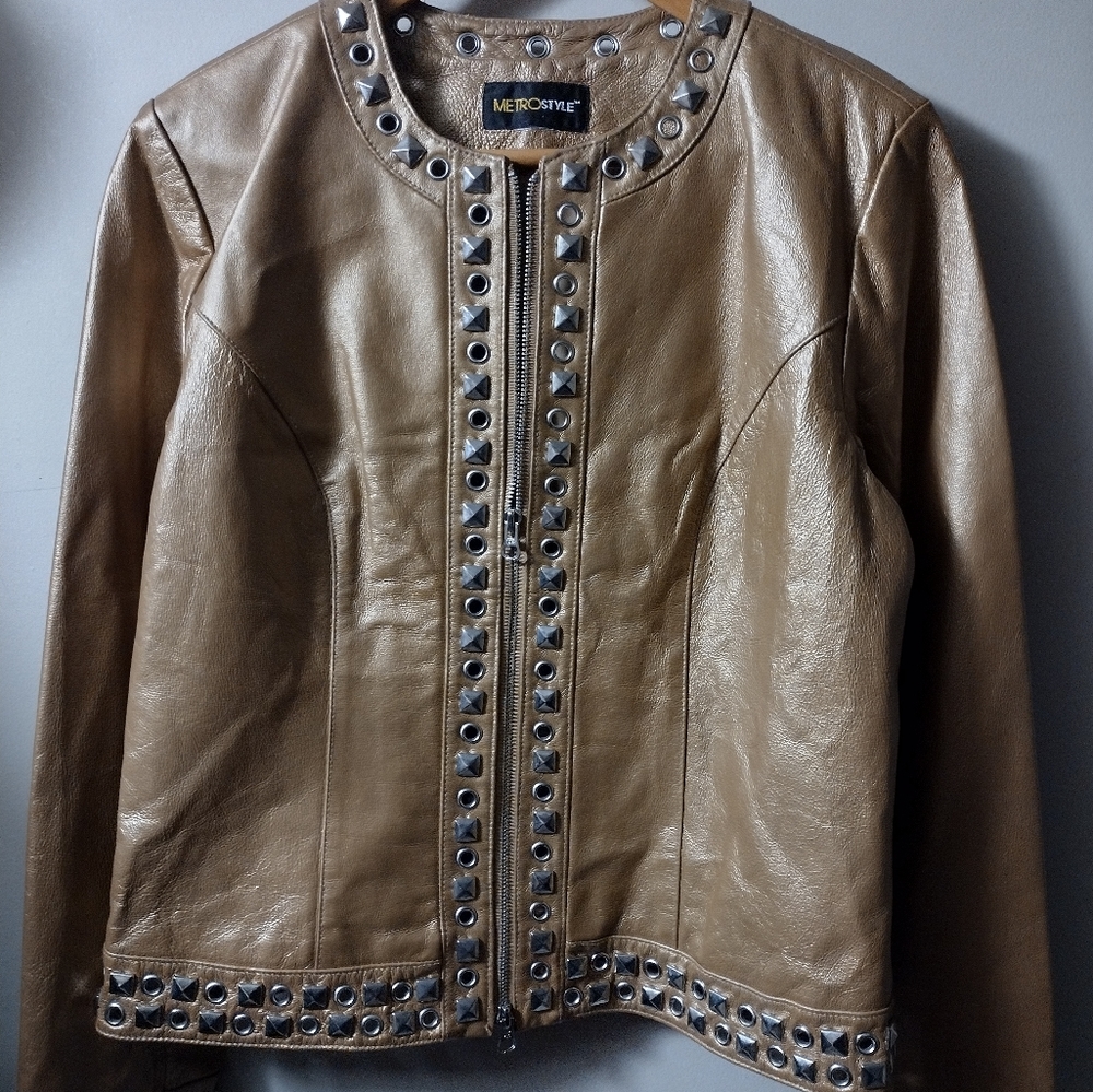 METROSTYLE  Silver Studded Gold Bronze Metallic Leather Jacket
